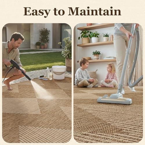 Outdoor Rug-Patio Rug 8x10 Outdoor Carpet Polypropylene Indoor Outdoor Rug for Patio Porch Deck Balcony Textured Weave Durable Mat Boho Stripes Pattern Beige & Brown