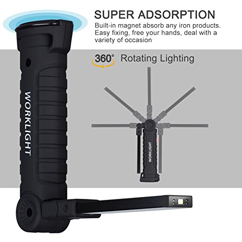 COB Work Lights , USB Rechargeable Work Light with Magnetic Base Ultra Bright LED Flashlight, Inspection Lamp for Car Repairing, Workshop, Garage, Camping, Emergency (Black,Collapsible)[2018 New] - Thumbnail 2