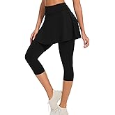 WOWENY Tennis Skirted Leggings for Women Athletic Skirt with Capri Leggings Golf Pickleball Yoga Legging with Skirts Pockets