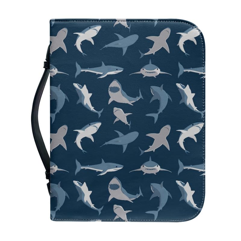 Garronmavis Hawaii Cartoon Sharks Bible Cover for Women, Blue Shark Zippered Bible Books Case, Ocean Animal Bible Bag - XL