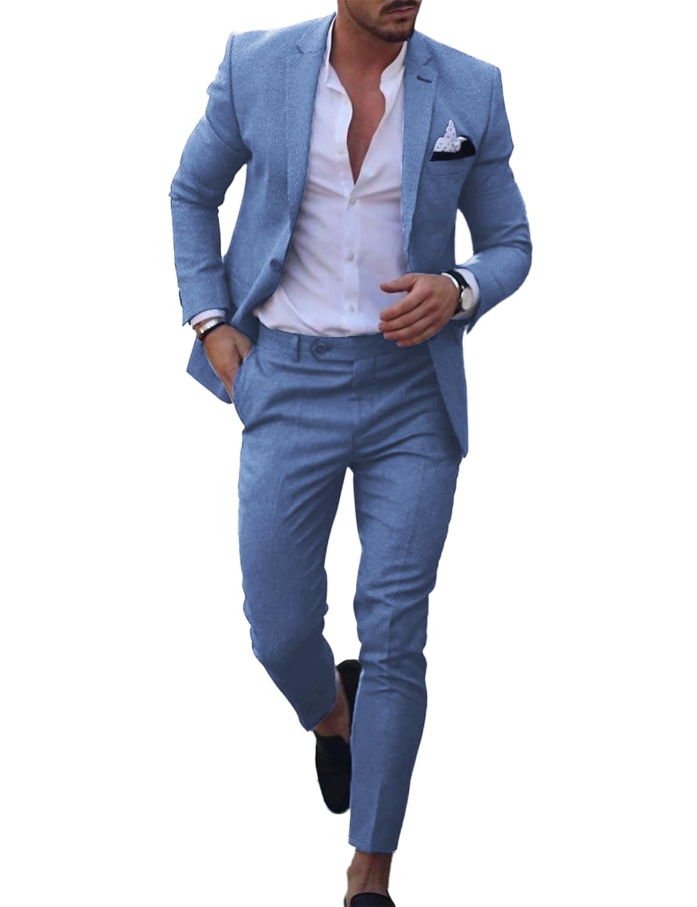 Photo 1 of UNINUKOO Mens 2 Piece Suit Linen Summer Top Blazer Pants Sets Beach Wedding Wear Vacation Prom Suits for Men US Size XL Light Blue