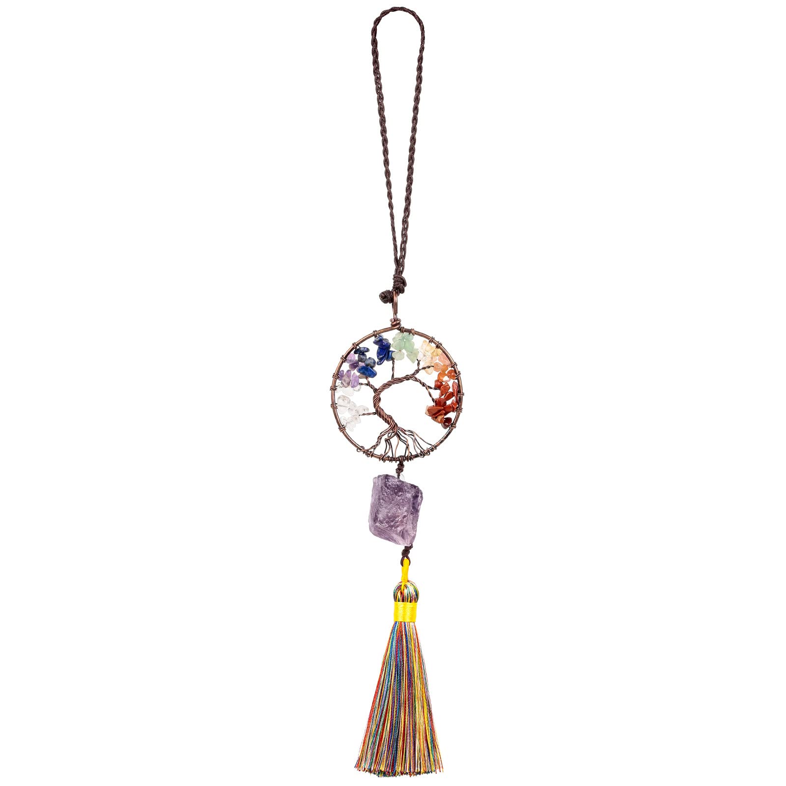 Nupuyai Amethyst Tree of Life Tassel Hanging Ornament, Reiki Healing Irregular Raw Stone Feng Shui Crystals Good Luck Car Home Office Decor