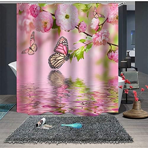 Maxwelly Peach Blossom Shower Curtain Blooming Spring Flower Butterfly Bathroom Shower Curtain Set with Hooks for Home Decoration Pink - Waterproof 72x72
