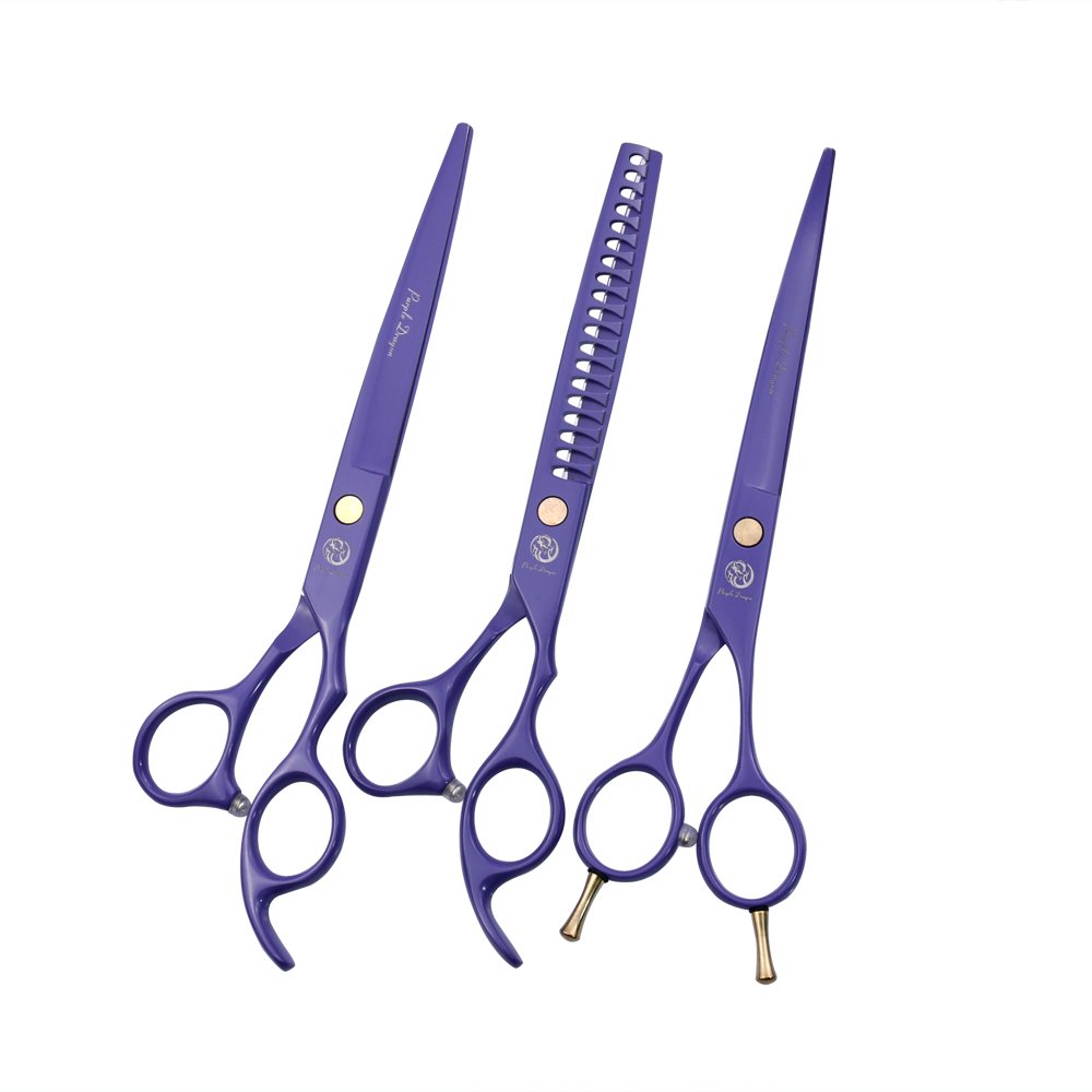 Purple Dragon 7.0 inch Professional Dog Grooming Hair Cutting Scissor &Curved Scissor&Chunker Shear Kit with Bag - for Pet Groomer or Family DIY Pet Use