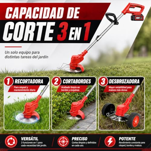 Podadora de Pasto, Desbrozadora Electrica 3en1, Cortadora de Pasto Portátil Plegable, Ángulo Ajustable de 90°, Tres Tipos de Cuchillas, para Cortar El Césped y Podar Las Flores