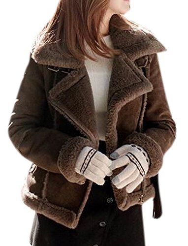 Lingswallow Women's Winter Thicken Lapel Faux Fur Winter Jacket Short Brown Coat