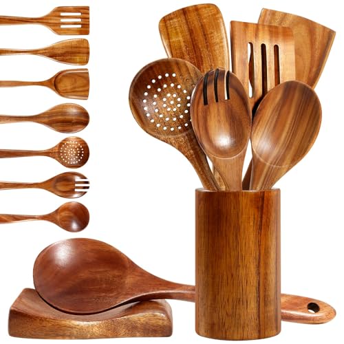 Wooden Spoons for Cooking, MASSUGAR 9-Piece Natural Teak Wooden Kitchen Utensil Set Comfort Grip Cooking Spoons and Utensils Holder