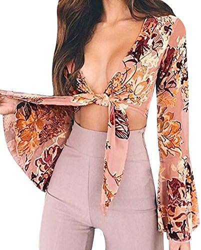Faithtur Long Sleeve V-Neck Floral Print Bolero Crop Cardigan Tie Knot Shrug