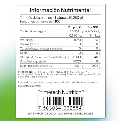 Primetech Nutrition Selenio con Zinc SEL-Z100, 100 Cápsulas | 100 Mcg de Selenio, 20 Mg de Zinc, Protección Antioxidante Potente