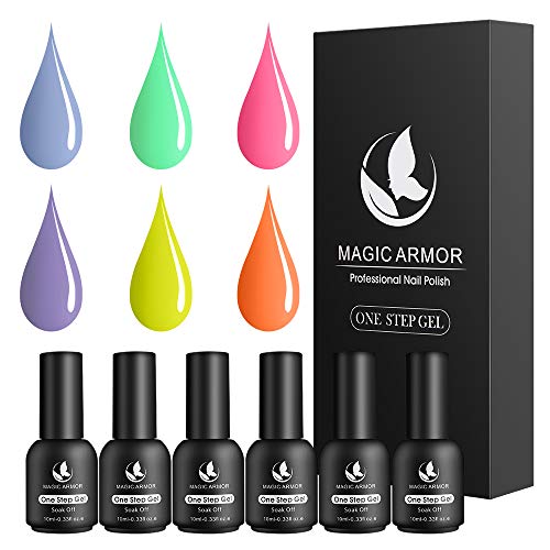 MAGIC ARMOR One Step Gel Nail Polish Set No Need Base and Top Coat Blue Nail Polish Pink Gels Purple Yellow Orange Gel Polish Summer Colors