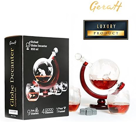 Globe Decanter (850ml) - Decanter Set with 4 Glasses, Ice Stones and Funnel - Preserves Freshness of Wine or Liquor - Premium Quality - Great Gift