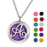 Stainless Steel Aromatherapy Essential Oil Diffuser Necklace with Pierced Letter Round,Silver Tone