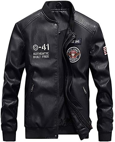 Mens Leather Bomber Badge Air Force Pilot Flying Jacket Stand Collar Ribbed Cuffs And Hemline Design on Shoulders Windproof Zipper Closure Coat
