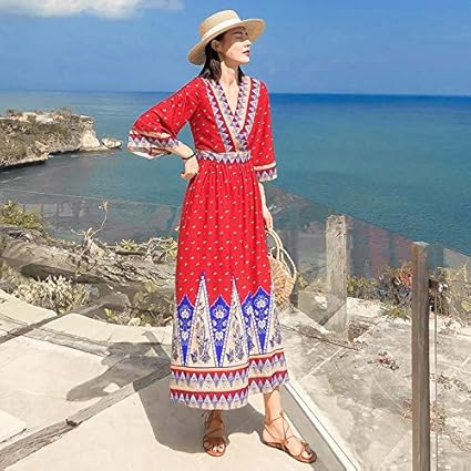 Amazon.com: Hanks' Shop Dress Ethnic Atyle Sleeve Dress V Neck Bohemian Long Beach Skirt (Color 