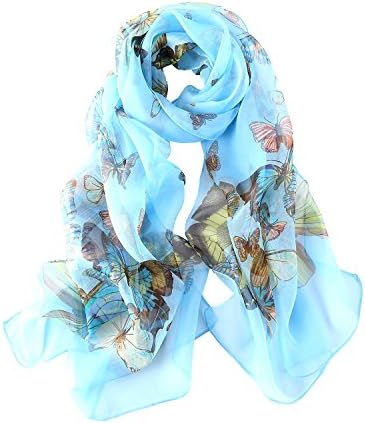 Long Georgette Silk Scarf Butterfly Print (Light Blue)