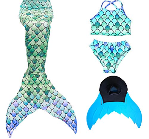 XonyiCos Mermaid Tail with Monofin Swimmable Tails Swimwear for Girls Boys Kids 3~10 Years (140 (10-12 Years), Mermaid 3)