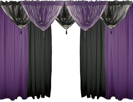 Purple Black 9 Piece Voile Set 90 229cm Rod Pocket Curtains