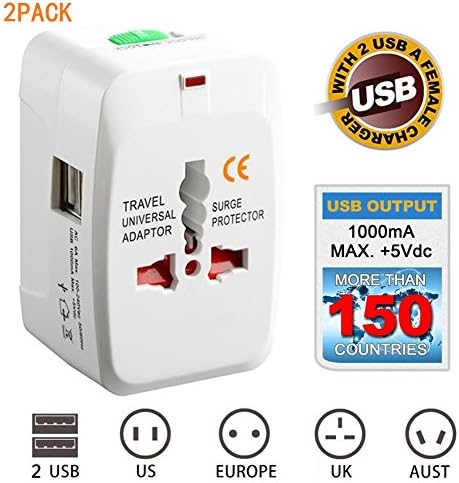 All in One Universal Worldwide Travel Adapter with Built In Dual USB Charger Ports Wall Charger 110-250V Surge/Spike Protected Electrical AC Power AU UK US EU Plug (2PACK)