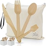 Disposable Wooden Cutlery Set by Chefast: Combo Kit Of 250 Eco-friendly Utensils (Spoons, Forks, Knives, Mini-Spoons), 2 Pop-Up Organizers and Carry Bag - Biodegradable and Compostable Silverware