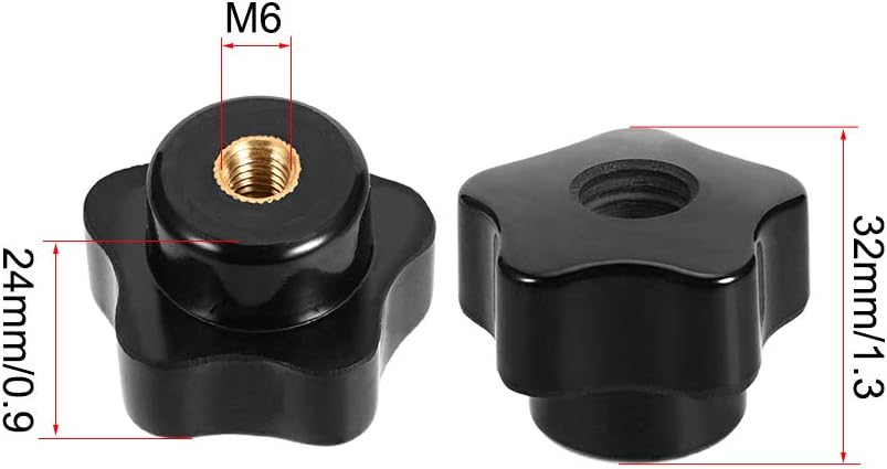 sourcing map Star Knobs Grip Handle M6 Diameter Brass Insert Female Thread Set of 6 Black, M6 x 32mm(6Pack) - Image 3