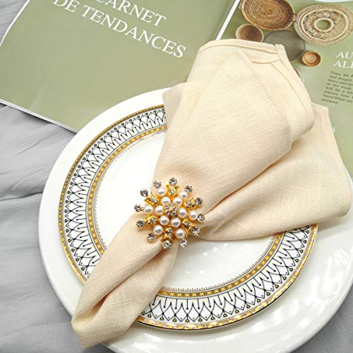 Joyindecor Napkin Rings Set of 6-Flower Pearl Rhinestone Napkin Ring Holder for Wedding Party Home Kitchen Dining Table Linen Accessories (Golden)