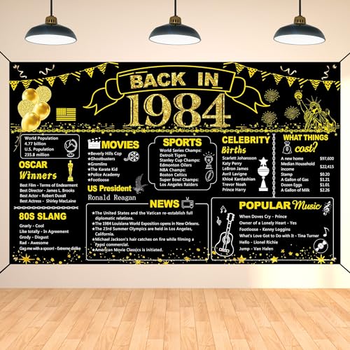 DARUNAXY 41st Birthday Black Gold Party Decoration, Back in 1984 Banner 41 Year Old Birthday Party Poster Supplies Vintage 1984 Backdrop Photography Background for Men & Women 41st Class Reunion Decor