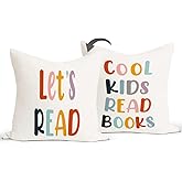 Rusenbao Reading Throw Pillow Covers 18×18, Reading Corner for Kids, Classroom Bed Decorative Pillows Covers, Let's Read Cool Kids Read Books, Decor for Kids Room Playroom