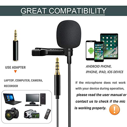 Lavalier Lapel Microphone for iPhone Android Smartphone, Omnidirectional Condenser Mic for DSLR Camcorder Laptops, Recording Mic for YouTube,Interview,Video,Vlogging