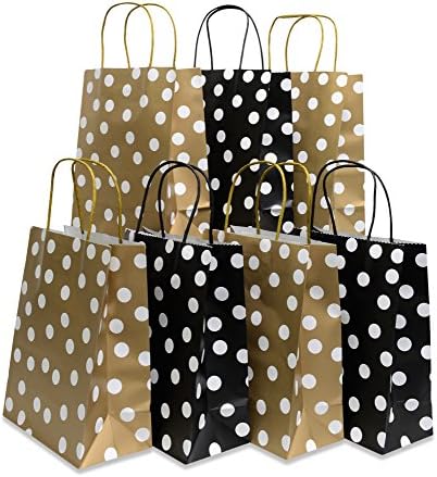 Assorted bright color Kraft paper gift bags, medium, set of 24 bags, 8" x 10" x 4" (Black &amp; Gold, 24 Bags)
