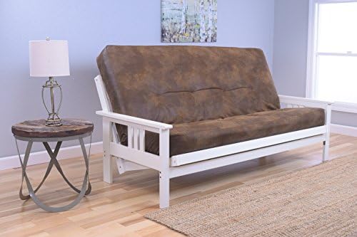 Mission Style Wood Frame Antique White Futon Convertible Full Size Innerspring Mattress With Cover-Use As Bed Sofa Sofabed Or Couch -Comfortable Furniture For Sleeping Sitting Or Lounging