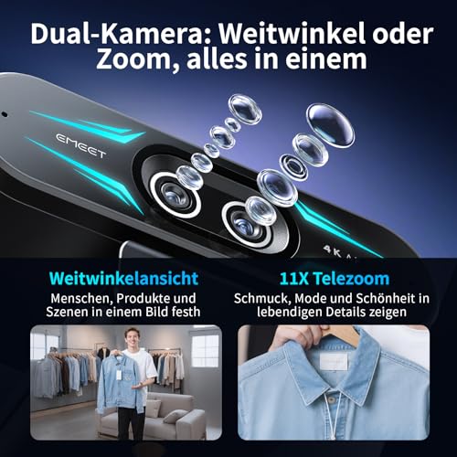 EMEET C60E Dual Camera 4K Webcam for Streaming, Wide Angle and Telephoto Lens, Up to 11x Hybrid Zoom & PDAF Auto Focus, Remote Control, RGB Lighting, 2 Microphones, Ideal for Live Streaming