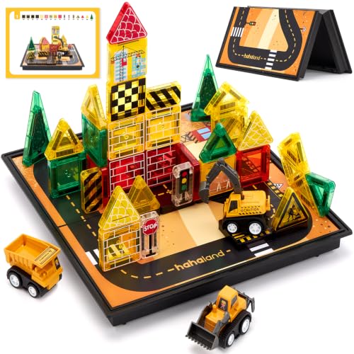 hahaland Construcciones Magnéticos de Viaje para Niños, 42 Piezas Bloques Magneticos Construccion Niños con Caja Portátil, Carreteras y Vehículos, Juego Montessori STEM para Niños 3 4 5 6 Años