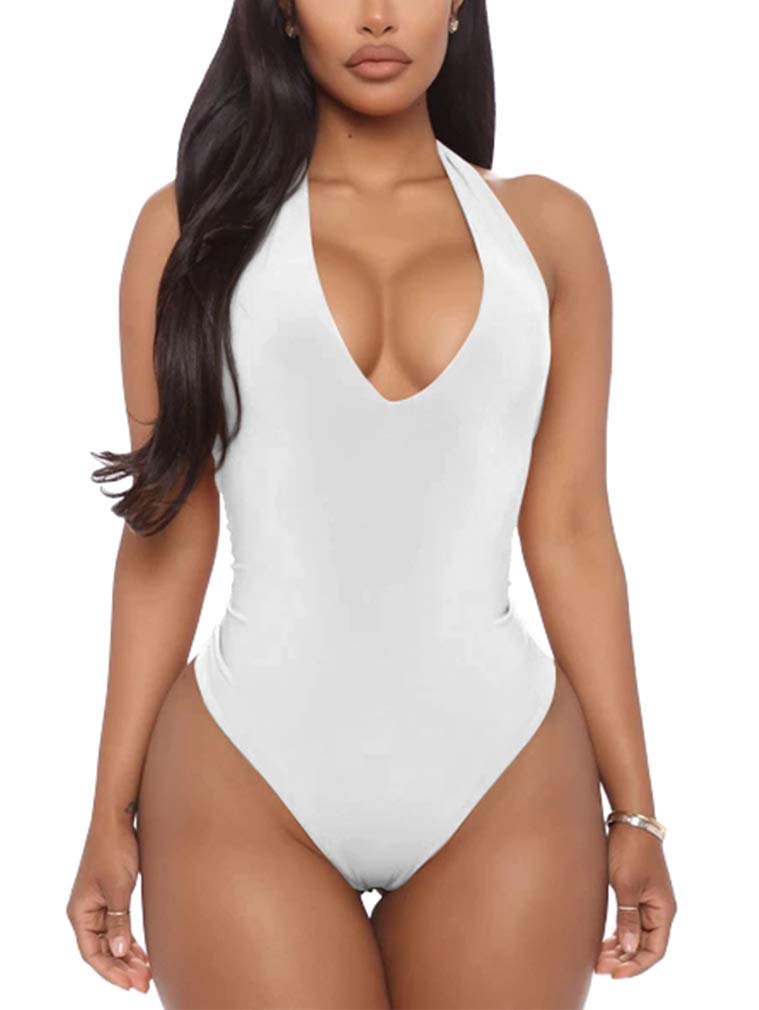 Photo 1 of YMDUCH Women's Sexy Sleeveless Halter V Neck Backless Leotard Bodysuit Tops White SMALL 