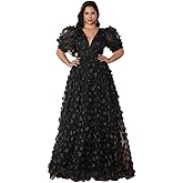 Women's Plus Size Puffy Sleeve V Neck A Line Floral Tulle Formal Maxi Dress Prom Evening Party Gowns Black