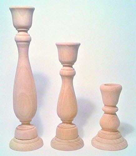 Unfinished Wood Candlesticks with Base Set of 3 Sizes 9, 6 7/8, 4 Inch