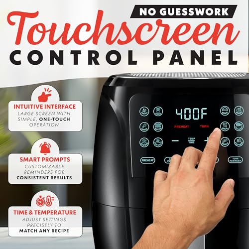 Horno freidora de aire Gourmia, pantalla digital, freidora de aire grande de 4 cuartos, 12 ajustes preestablecidos de cocción de 1 toque, detalles en negro y acero inoxidable Fry Force GAF486