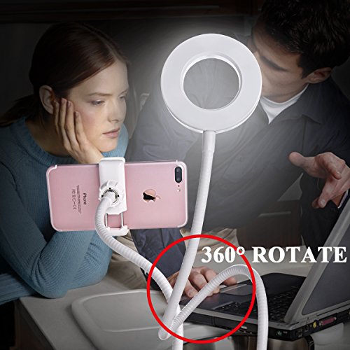 B-Land Cell Phone Holder with Selfie Ring Light for Live Stream, Flexible Mobile Phone Clip Holder Lazy Bracket Desk Lamp LED Light for Bedroom, Office, Kitchen, Bathroom (White) - Thumbnail 5