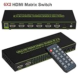 6x2 HDMI Matrix Switch,HDCP 1.2/1.4,avedio links 6 in 2 Out HDMI Switcher/Splitter with Optical & L/R Audio Output -Support 4K,3D 1080p,ARC,PIP - Includes 21keys IR Remote Control & Power Adapter