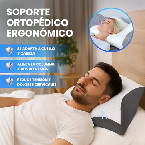 Tarleys - Almohada Cervical Nuca - Almohada Cervicales y Cuello - Almohada Viscoelastica Antironquido Ergonómica con Espuma de Memoria para Dormir de Lado - Alivia Dolor de Cuello y Espalda.