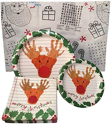 Christmas Paper Plates and Napkins Set Serves 24 Includes Activity Coloring Tablecloth for Kids (105 Piece Bundle)