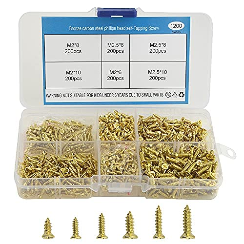 BGTXINGI 1200pcs 6 Kinds M2 M2.5 Gold-Plate Carbon Steel Flat Head Self Tapping Screw Stainless Cross Recessed Pan Head Screw Assortment Kit Collected in A Convenient Case