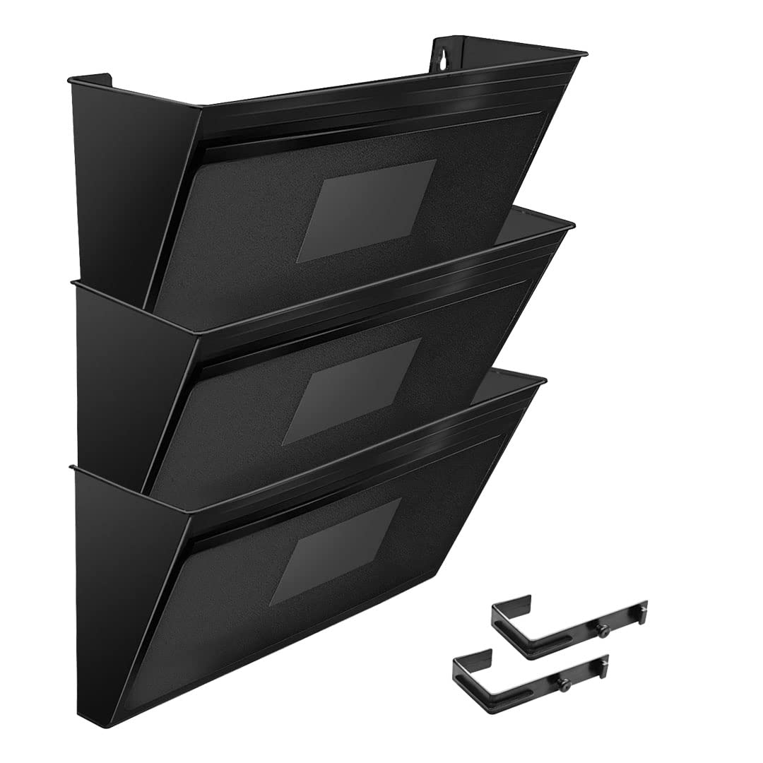 Acrimet Wall Mount Pocket File Organizer Holder Modular Letter Size A4 Plastic (Hangers Included) (Black Color) (3 Pack)