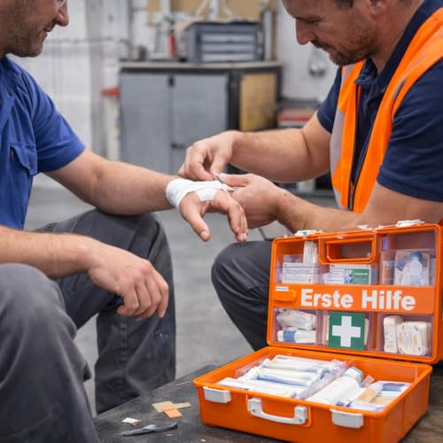 Erste Hilfe Kasten - DIN 13157 Koffer für Unternehmen & Betriebe - Verbandskasten orange nach aktueller Norm geprüft - Mit Aufkleber & Wandhalterung thumbnail 2