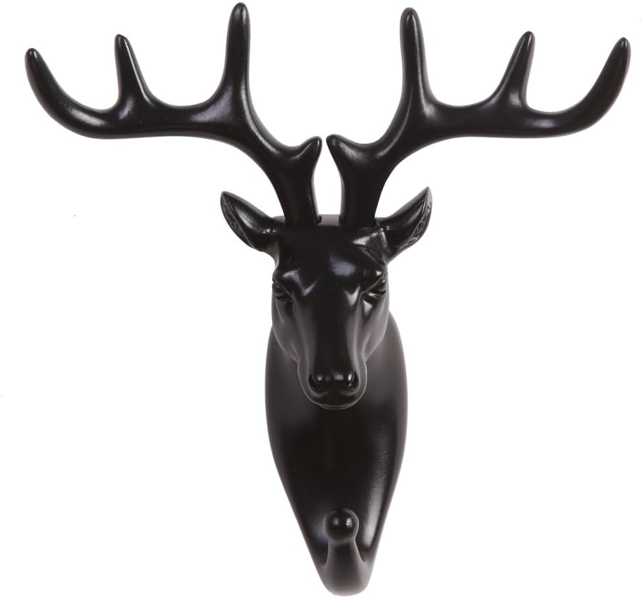 TraPal Deer Head Single Decorative Coat Hook Wall Mounted Rustic Coat Rack Easy to Install Resin Animal Shape Clothes/Garment/Jacket Hanger (Deer-Black)