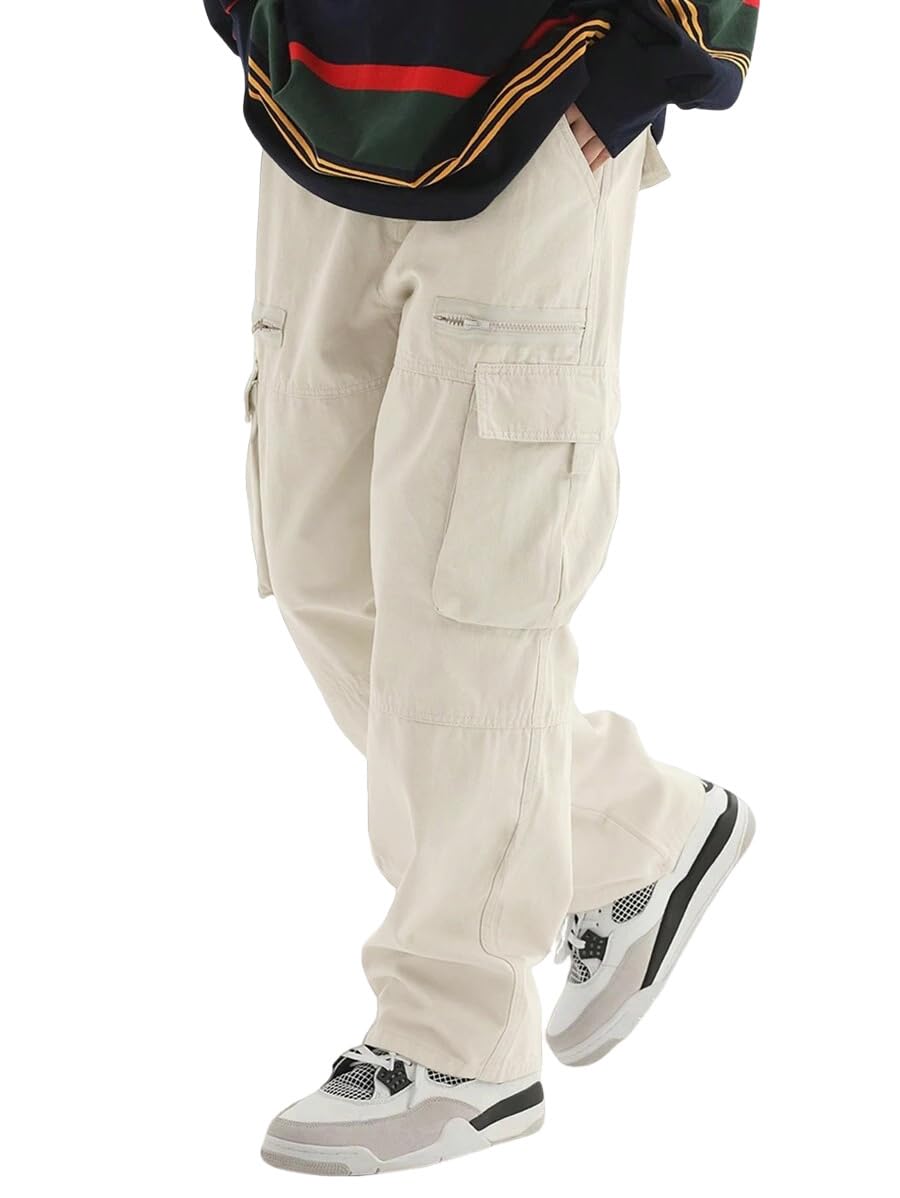 Photo 1 of ZAFUL Men's Wild Cargo Pants Loose Fit Y2K Pants Drawstring Casual Hiking Pants Pocket Zipper Design Straight Trousers Apricot XXL