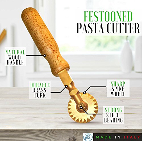 Professional Pasta Cutter Wheel, Timeless Natural Wood Handle and Durable Brass Head (Ridged Wheel)