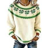 Irish Sweater Women St. Patrick's Day Knitted Shamrock Sweater Long Sleeve Crew Neck Casual Pullover Top