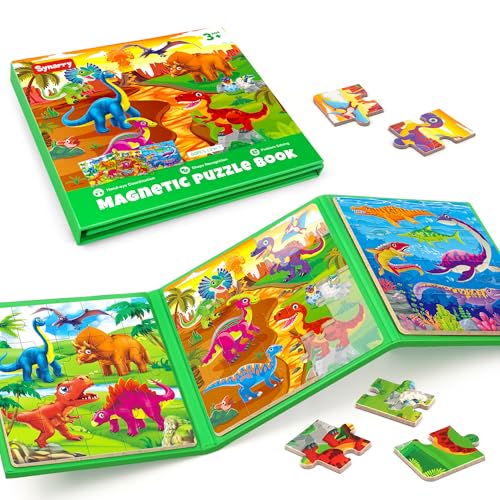 SYNARRY Dinosaur Magnetic Puzzles for Toddlers 3-5, 20 Pieces Travel Puzzles for Kids Ages 4-6, Car Airplane Road Trip Activities Magnet Games Toys for 3 4 5 6 Year Old Children Boys Girls Gifts