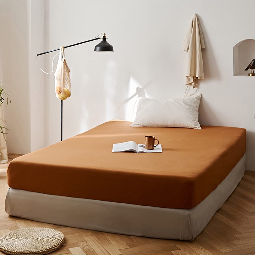 Lanqinglv Fitted sheet 140x200 cm Double Size Caramel Brown Brushed Microfibre 35cm Deep Fitted Bed Sheet,Super Soft and Machine Washable