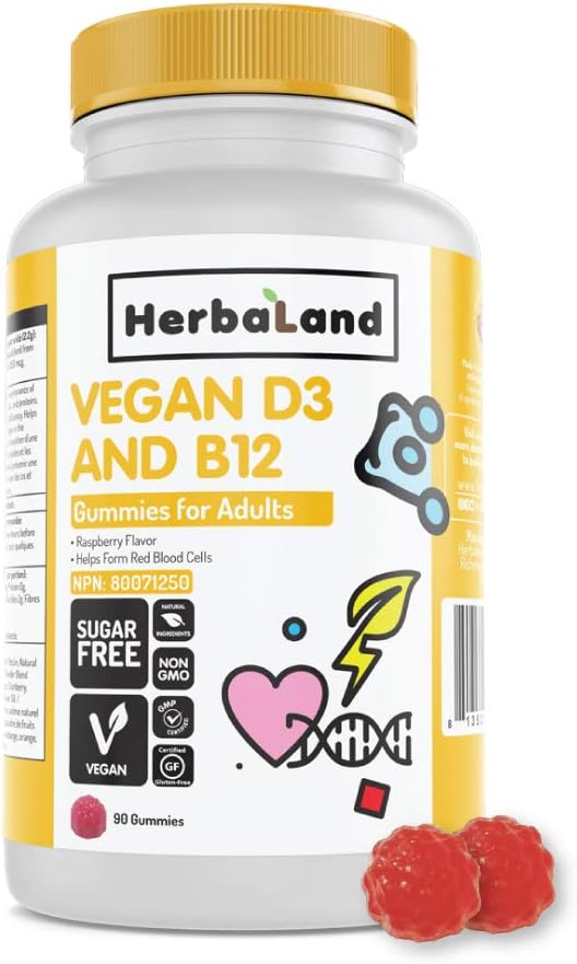 Vegan D3 and B12 Supplement by Herbaland - Plant-Based Sugar-Free Vitamin Gummies for Supporting Healthy Functioning of The Body - Vitamin D3 and B12 - Raspberry Flavor - 90 Gummies